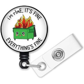 Retractable I'm Fine It's Fine Everything's Fine Badge Reel with Alligator Clip, Funny Dumpster Fire Badge Holder Gift for Doctors Nurses Firefighters Social Worker Office Worker Boss Colleague