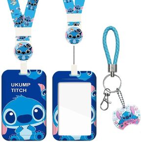 ZOSTLAND Cute Blue ET Monster Baby ID Badge Holder with Retractable Lanyard and Short Leather Rope Cartoon Keychain for Teacher Students Nurse Teens Office Worker (Alien-Love)