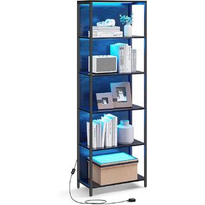 VASAGLE 6-Tier LED Bookshelf, Display Shelf with Dimmable Lights, LED Bookcase with Steel Frame, 11.9 x 23.6 x 70.3 Inches, for Living Room, Bedroom, Office, Black with Wood Grain ULLS120B56