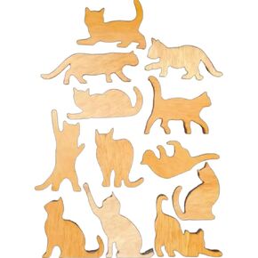 12PCS Different Forms Cat Wooden DIY Crafts Paper Cutouts Wooden Cat Shape Hanging Ornaments for Pet Themed Birthday Halloween Christmas Party Decoration