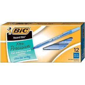 BIC Round Stic Xtra Precision Ballpoint Pen, Fine Point (0.8mm), Blue, 12-Count