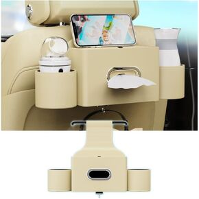 car headrest backseat organizer with 2 Drink Cup Holder Tissue Box and Storage Box Hook Multi-functional Storage for Kids and Adults Multifunctional (Special paper towels are required) BLACK