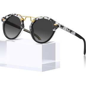 CARFIA Double Bridge Small Acetate Sunglasses for Women Polarized, Retro Metal Brow Ladies Sunnies Fashion Round Eyewears