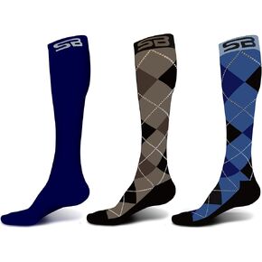 3 Pairs Size Medium Compression Socks (Solid Navy + Dress-Black Argyle + Dress-Blue Argyle)