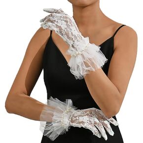 Short Lace Gloves White Tulle with Pearls Gloves Tea Party Gloves Bridal Wedding Gloves for Women and Brides