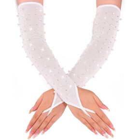 CASDRE Pearl Long Wedding Gloves White Rhinestones Elbow Length Bridal Arm Sleeves Fingerless Prom Costume Gloves for Women