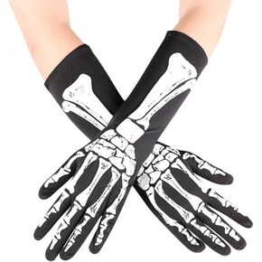 Urieo Halloween Skeleton Gloves Full Finger Black Bone Gloves Knitted Costume Skull Ghost Long Glove for Adults