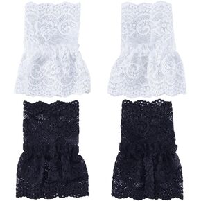 GORGECRAFT 2 Pairs 2 Color False Sleeves Wrist Cuffs Cotton Short Lace Gloves Fingerless Wrist Cuff Stretch Victorian Costume Accessory for Driving Wedding Bridal Prom Party Women Ladies Black White