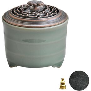 Ceramic Incense Holder with Beauty Lid,Coil Incense Burner for Cone and Powder Incense,Mediation Gift,Home Decor（Light Green）