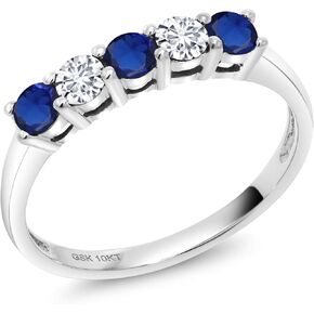 10K White Gold Blue Created Sapphire and Lab Grown Diamond 5 Stone Wedding Engagement Promise Ring For Women (1.76 Cttw, Round 3MM, Gemstone September Birthstone, Available In Size 5, 6, 7, 8, 9)