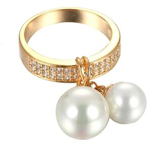 Kokoma Double Pearls Dangle Statement Ring for Women Girls Cubic Zirconia Stacking Engagement Promise Rings Wedding Band