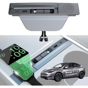 Upgrade USB Hub for 2024 2023 2022 2021 Tesla Model 3 Model Y, Center Console Accessory with Watch Wireless Charging, Retractable Docking Station, Sliding Hidden Cover (Not Fit 2024 Model 3)