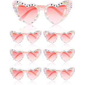 7 Pack Pink Heart Birthday Squad Glasses with Diamond Letter Birthday Queen Glasses Birthday Party Favors for Women Birthday Party