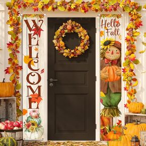Hello Fall Porch Decor Welcome Hanging Banner Thanksgiving Autumn Harvest Porch Sign Cute Scarecrow Front Door Sign 12x 72 Inch for Indoor Outdoor Home Wall Decor