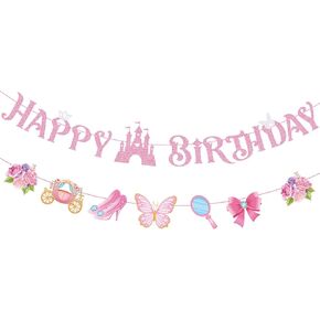 GZDUCK Princess Happy Birthday Banner for Girls- Gold Princess Birthday Party Decorations, Pink Happy Birthday Banner with Castle, Crown for Girl 1st 2nd 3rd Birthday Baby Shower Decorations