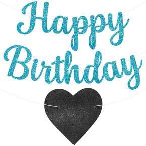 Black, Blue & Pink- Happy Birthday Banner - Pre-Strung, 15 Feet, No DIY | Amazing Birthday Party Decorations | Happy Birthday Sign for All Genders, Includes Crystalline Invisible Instead of the Visible Ribbon - Large Banner with Heart (Blue)