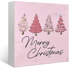 Mtrgdn Merry Christmas Sign,Pink Christmas Sign,Pink Christmas Tree Decorations,Christmas Tree Sign Wood Plaque,Christmas Signs for Home Decor,Merry Christmas Sign for Table in Kuwait