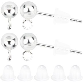 Beebeecraft 1 Box 10Pcs Ball Stud Earring Findings 925 Sterling Silver Earrings Posts with Loop and 10Pcs Ear Nut Metal Earring Components for Jewellery Making
