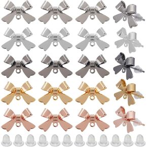1 Box 50Pcs Bow Earring Post Bow Stud Earring Post Gold Brass Real 18k Gold Plated Earring Stud with Ear Nuts Bowknot Stud Earring Findings for Jewelry Making Earrings Supplies DIY Crafts