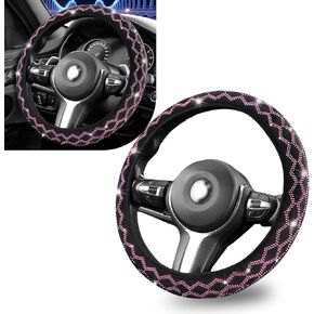 1 PC Bling Car Steering Wheel Cover, 14.9" Diamond Decoration Non-Slip Cover for All Seasons, No Inner Ring Tight Fit Breathable and Dustproof Protector, Universal for Cars Trucks (Pink)