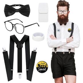 Yahenda 5 Pcs Adult Nerd Kit Including Bow Tie Straps Taped Glasses Pocket Protector Nerd Buttons for Halloween Costume Accessories Multicolor