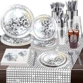 durony 169 Pieces 70s 80s Disco Party Supplies, Severs 24 Silver Disco Ball Dinnerware Include Plates Cups Disco Cocktail Napkins Plastic Cutlery Table Runner for Disco Bachelorette Birthday Party