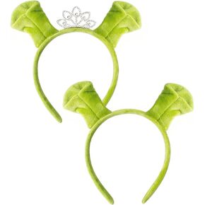2 Pcs Green Ogre Ears Headband with Princess Crown,Plush Monster Headband Halloween Christmas Costume Accessories
