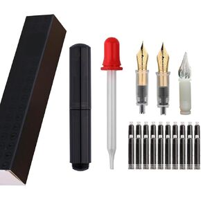Majohn Wancai Mini Fountain Pen Pocket-Size Travel Pen Iridium Fine Nib Fountain Pen with 3 Pen Nibs, Short Size Eyedropper and 20 Black Ink Cartridges - Transparent
