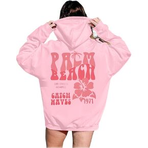 FAYALEQ Womens Casual Hoodies Pink Palm Graphic Sweatshirts Long Sleeve Sweaters Pullover Tops with Pocket