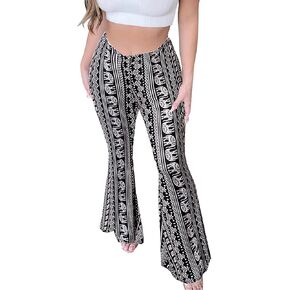 Flare Leggings Yoga Pants Women High Waisted Palazzo Pants Floral Print Stretch Boho Bell Bottom Yoga Long Pants(Black,L)