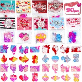 90PCS Prefilled Valentines Cards with Pop Fidget Toys Bulk-Valentines Day for Kids,Valentine Exchange for Classroom,School Party Favors for Kids,Mini Pop Keychain,Valentine's Day Prize Toys