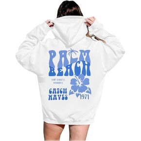 FAYALEQ Womens Casual Hoodies Pink Palm Graphic Sweatshirts Long Sleeve Sweaters Pullover Tops with Pocket