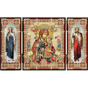 Virgin Mary Icon Triptych, Madonna and Child Crowned With Archangels Saint Michael and Saint Gabriel, Religious Gift, 3 1/4 Inch