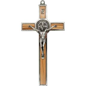 Small Saint Benedict Wall Cross | Patron Saint of Students | 5.25" Tall | Wood and Metal | Great Catholic Gift for Baptism, First Holy Communion, and Confirmation | Christian Home Décor (Gold-Tone)
