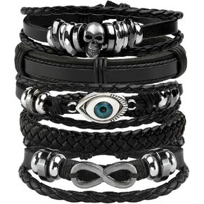 Eigso 6 Pcs Leather Bracelet Braided Wide Wristband Women Men Punk Rock Jewelry Skull