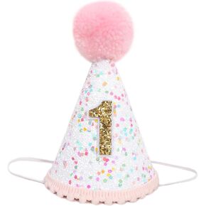 Girls Sprinkle 1st Birthday Hat - Pink and Golden 1st Birthday Crown, Sugar Confetti 1st Birthday Decorations, Sweet One First Birthday Hat