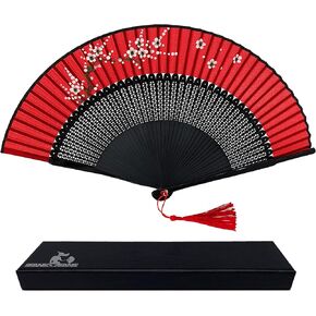 FANSOF.FANS Floral Red and Black Chinese Japanese Silk Fabric Handheld Folding Hand Fan with Pouch and Box Grade A Bamboo Ribs for Women Girls Dance Event Birthday Wedding Favor (Style 02)