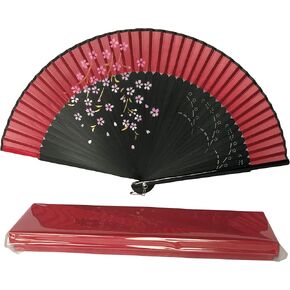 FANSOF.FANS Floral Red and Black Chinese Japanese Silk Fabric Handheld Folding Hand Fan with Pouch and Box Grade A Bamboo Ribs for Women Girls Dance Event Birthday Wedding Favor (Style 02)