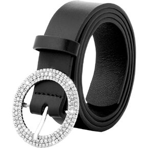 AWAYTR Women Black Belt Silver Buckle - Fashion Bling Rhinestone Buckle Leather Belts for Jeans Pants
