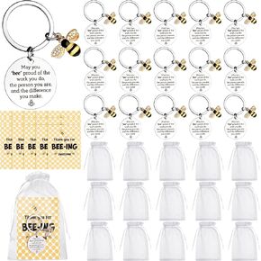 15 Sets Employee Appreciation Gifts Thank You Keychain Gifts Bulk New Job Gifts Leaving Gifts Inspirational Bee Keychain with Thank You Card Organza Bag for Women Men Teacher Worker Staff