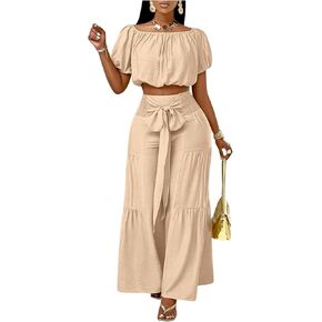 Women's 2 Piece Outfits Off Shoulder Short Sleeve Crop Top and Wide Leg Tie Front Elastic Waist Pants Sets