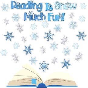 TaoBary 78 Pcs 3D Snowflake Bulletin Board Cutouts Set Winter Christmas Snowflake Accent Cut Outs Reading is Snow Fun Paper Cutouts Classroom Decoration for Winter Christmas School Home Door Wall