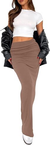 Hafailia Maxi Skirts for Women - Casual Ruched Y2K Low Rise Elastic Waist Long Bodycon Skirt 2024 in Kuwait