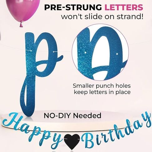 Black, Blue & Pink- Happy Birthday Banner - Pre-Strung, 15 Feet, No DIY | Amazing Birthday Party Decorations | Happy Birthday Sign for All Genders, Includes Crystalline Invisible Instead of the Visible Ribbon - Large Banner with Heart (Blue) in Saudi Arabia
