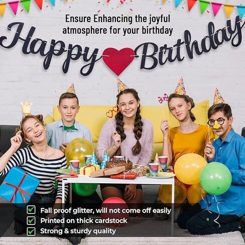 Black, Blue & Pink- Happy Birthday Banner - Pre-Strung, 15 Feet, No DIY | Amazing Birthday Party Decorations | Happy Birthday Sign for All Genders, Includes Crystalline Invisible Instead of the Visible Ribbon - Large Banner with Heart (Blue) in Saudi Arabia