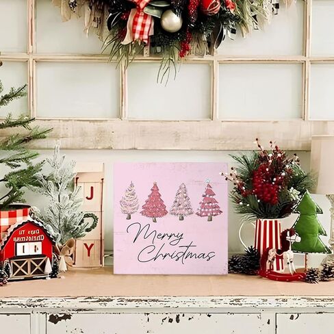 Mtrgdn Merry Christmas Sign,Pink Christmas Sign,Pink Christmas Tree Decorations,Christmas Tree Sign Wood Plaque,Christmas Signs for Home Decor,Merry Christmas Sign for Table in Kuwait