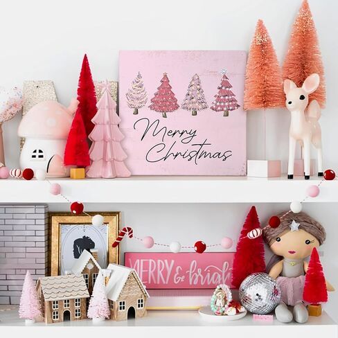 Mtrgdn Merry Christmas Sign,Pink Christmas Sign,Pink Christmas Tree Decorations,Christmas Tree Sign Wood Plaque,Christmas Signs for Home Decor,Merry Christmas Sign for Table in Kuwait
