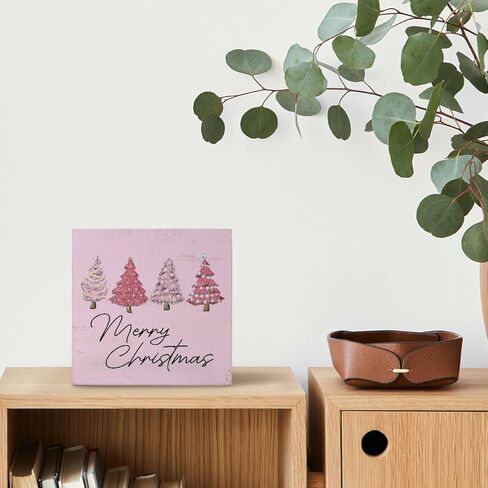 Mtrgdn Merry Christmas Sign,Pink Christmas Sign,Pink Christmas Tree Decorations,Christmas Tree Sign Wood Plaque,Christmas Signs for Home Decor,Merry Christmas Sign for Table in Kuwait