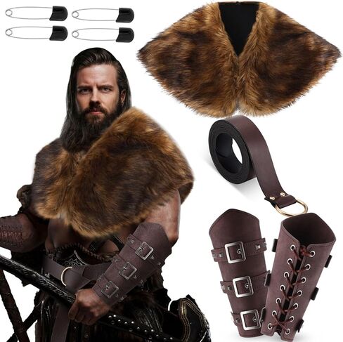 4 Pcs Halloween Viking Costume Set Viking Faux Fur Collar Belt Leather Gauntlet Wristband Medieval Viking Costume in Saudi Arabia