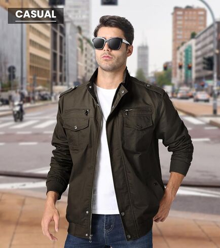 EKLENTSON Men's Cotton Lightweight Multi Pockets Zip Front Stand Collar Military Jackets Windbreaker in Saudi Arabia